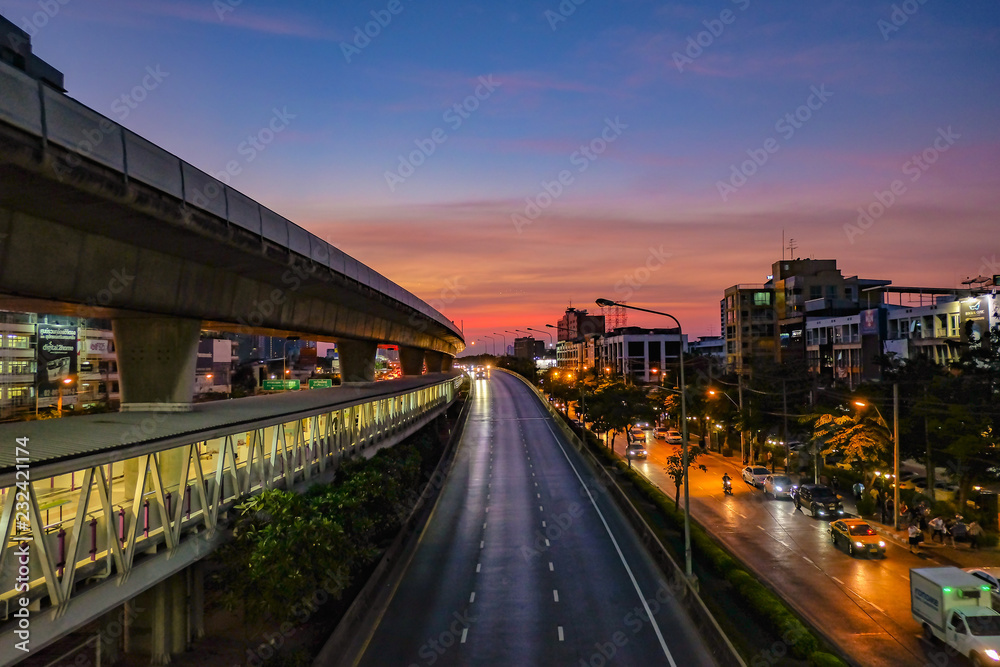 Bangkok/Thailand - 18 December 2015:Beautiful Sunset sky with Traffic near BTS in the bangkok City