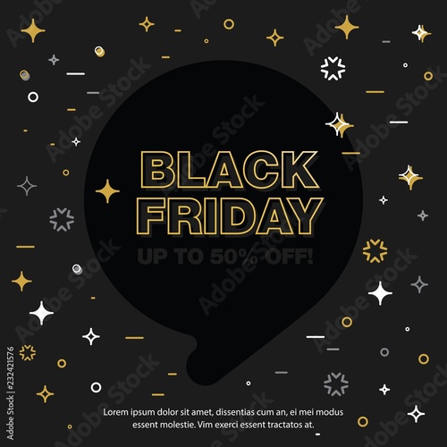 Banner with the inscription about the sale of 50 off. Black friday sale, starry sky, bubble.