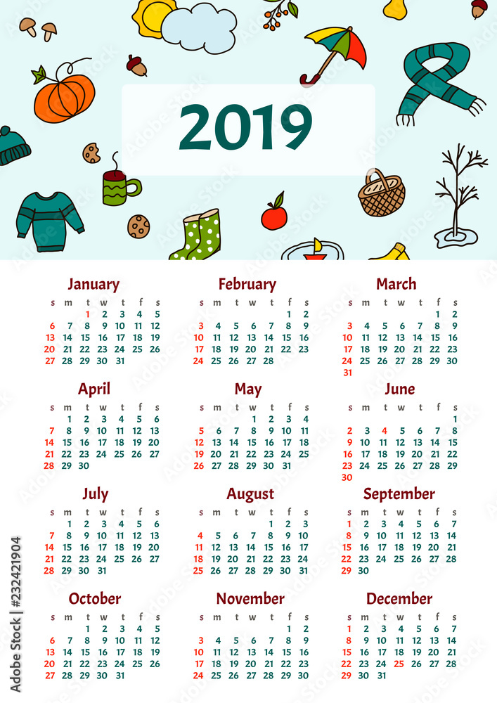 Calendar 19 Year With Hand Drawn Autumn Pattern In Cartoon Style Size Week Starts On Sunday Set Of 12 Months Stock Vector Adobe Stock