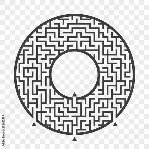 Black round maze. With three ways. Game for kids. Puzzle for children. Labyrinth conundrum. Flat vector illustration isolated on transparent background. With place for your image.