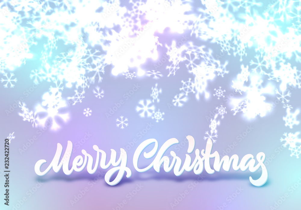 Christmas snowflakes background with falling snow and lettering or calligraphic greeting text Christmas snowflakes background with falling snow and lettering or calligraphic greeting text