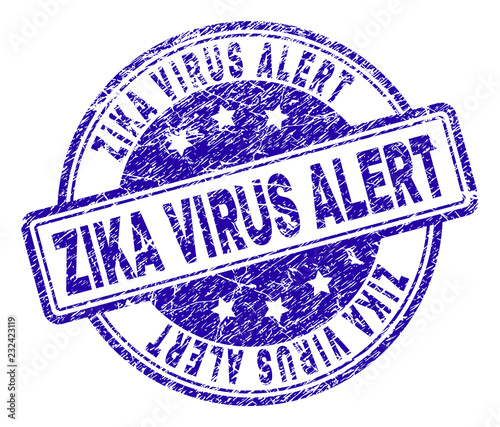 ZIKA VIRUS ALERT stamp seal imprint with grunge texture. Designed with rounded rectangles and circles. Blue vector rubber print of ZIKA VIRUS ALERT label with corroded texture.