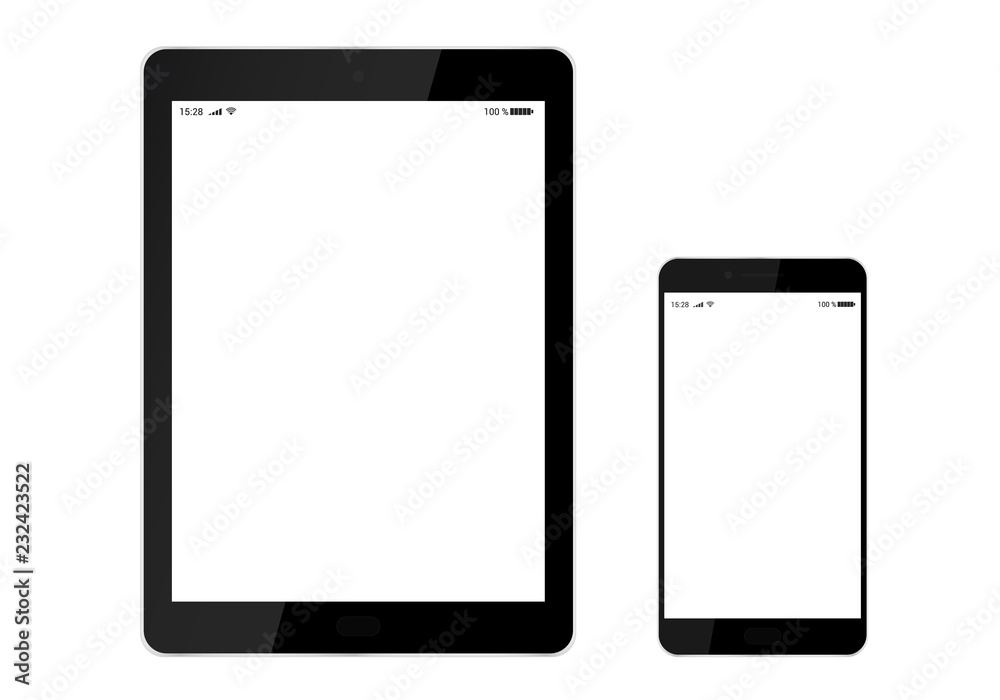 Realistic illustration of a black mobile phone or smartphone and tablet with a button, a camera and a blank white screen and a space for a text - vector Realistic illustration of a black mobile phone or smartphone and tablet with a button, a camera and a blank white screen and a space for a text - vector