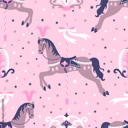 Pink carousel horse seamless pattern.