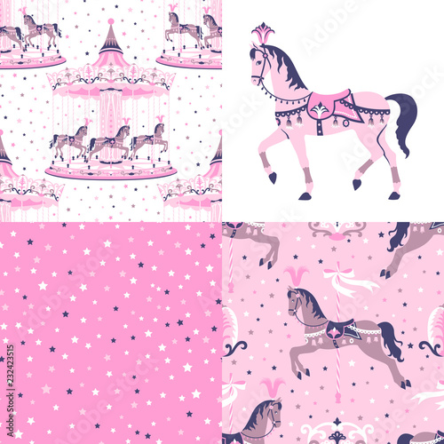 Pink set of carousel seamless patterns.