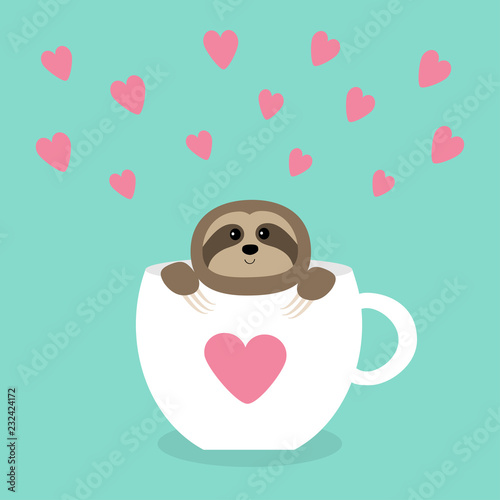 Sloth sitting in coffee cup teacup with heart. Face and hands. Cute cartoon character. Wild jungle animal collection. Slow down. Baby education. Isolated. Blue background. Flat design.