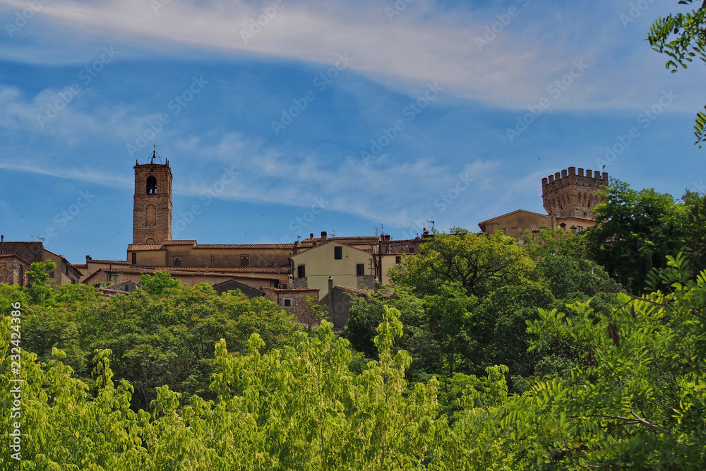 View to the top to the ancient town San Casciano dei Bagni in Tuscany