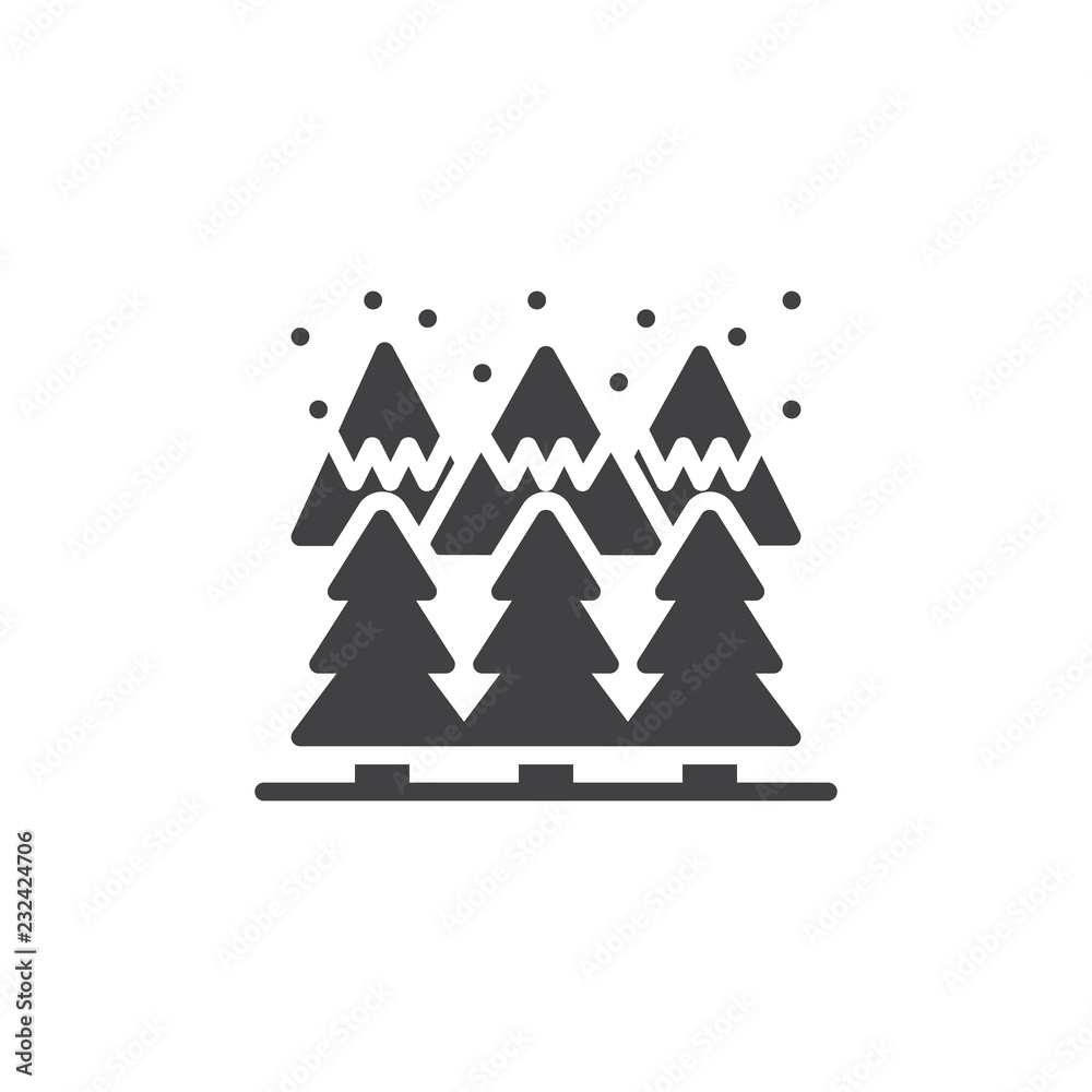 Obraz premium Winter mountain forest vector icon. filled flat sign for mobile concept and web design. Snow mountain peaks and trees simple solid icon. Symbol, logo illustration. Pixel perfect vector graphics