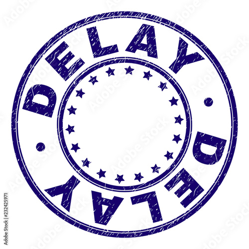 DELAY stamp seal imprint with grunge texture. Designed with circles and stars. Blue vector rubber print of DELAY caption with grunge texture. photo