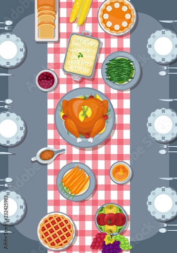 Thanksgiving meal on the table. Thanksgiving greeting card in flat style design