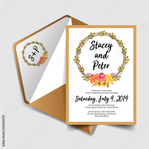 wedding invitation with watercolor flowers wreath vintage © orchidart