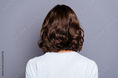 Close up photo of youth lady with her modern hairdo she stand ba