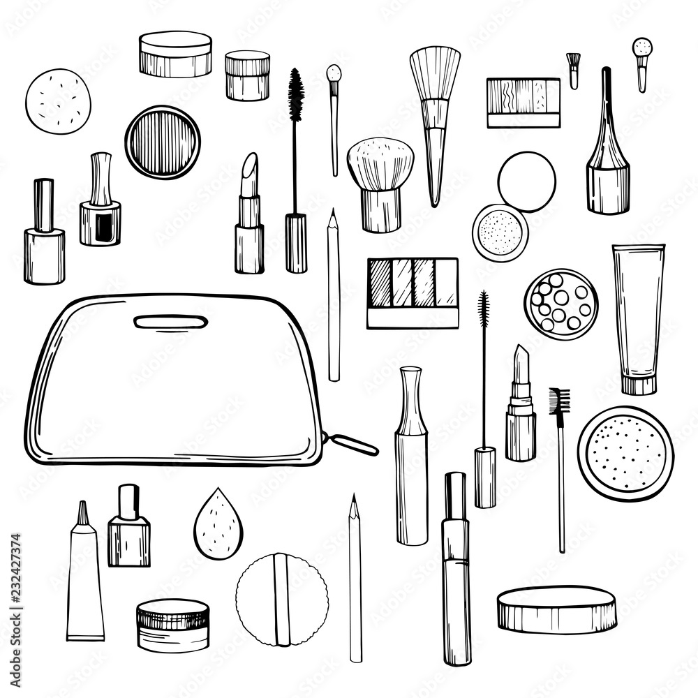 Hand drawn decorative cosmetics for makeup.V ector sketch  illustration.