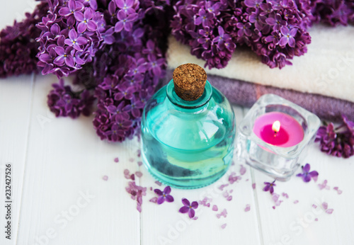 spa products and lilac flowers