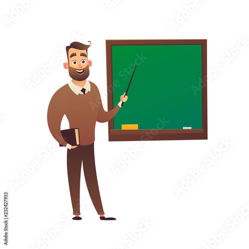 Teacher professor standing in front of blackboard teaching student in classroom