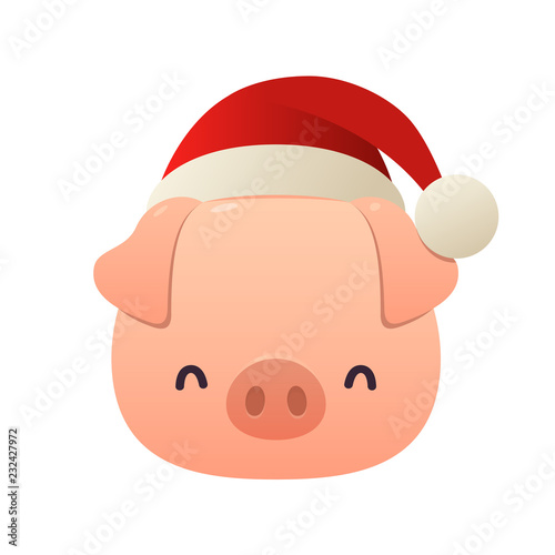 The fat little pig with Christmas Santa red cap