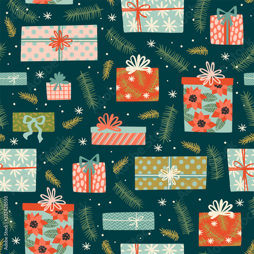 Christmas and Happy New Year seamless pattern with gift boxes.