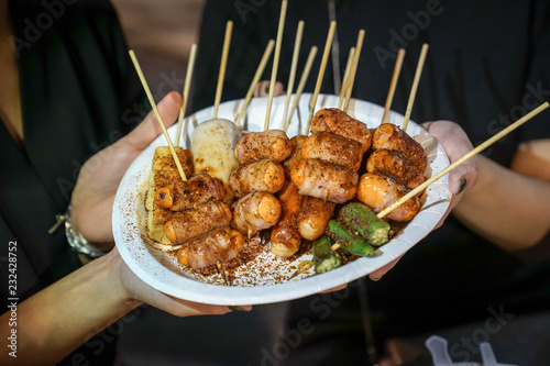 Spicy Mala (Chinese spices) Barbecue pork thai style, Foodtruck, Bangkok, Thailand. photo