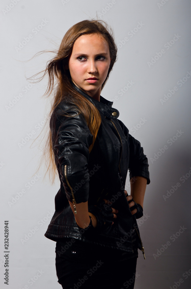 beautiful girl in leather jacket
