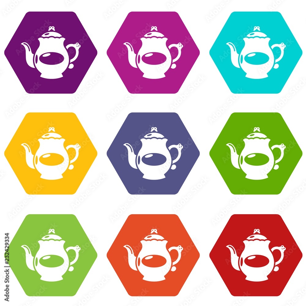 Kettle porcelain icons 9 set coloful isolated on white for web