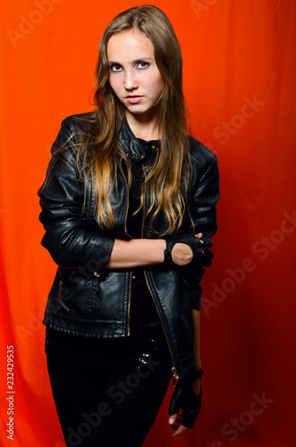 beautiful girl in leather jacket
