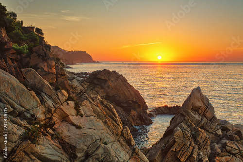 Beautiful sunset over Spanish coast of Balearic sea