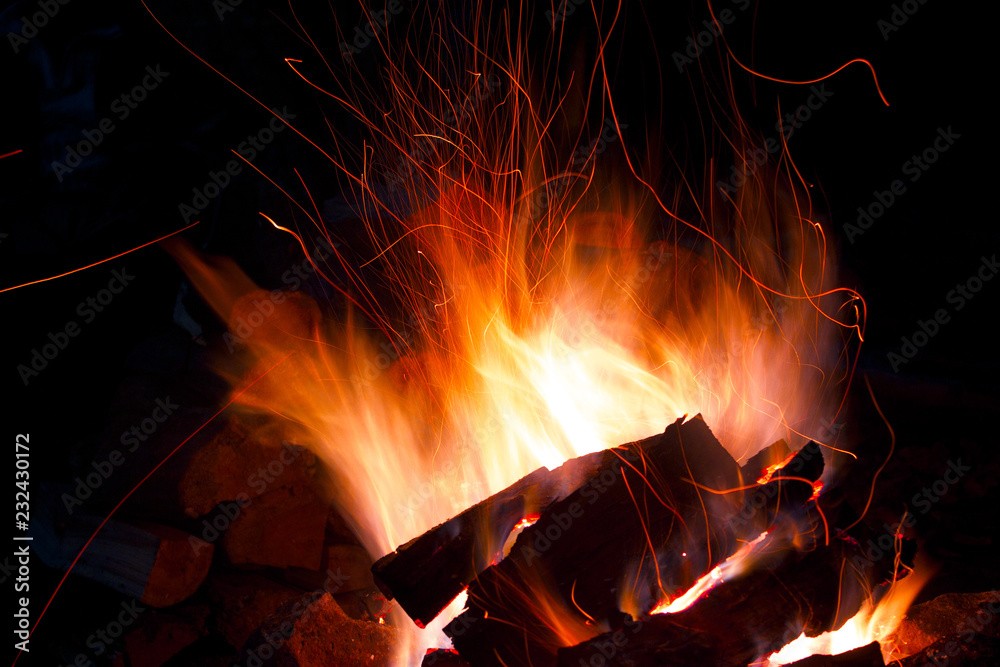 Fototapeta premium A bonfire burns at night during a picnic in the forest. Bright, orange and yellow fire in the fire. Languages ​​of the tribe in the fire in nature. 