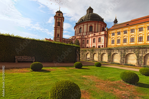 Beautiful cathedral and garden in Jaromerice nad Rokytnou, Southern Moravia, Czech Republic. Summer landscape