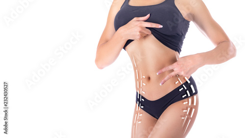 Female body in white slimming underwear with arrows isolated on white baskground.