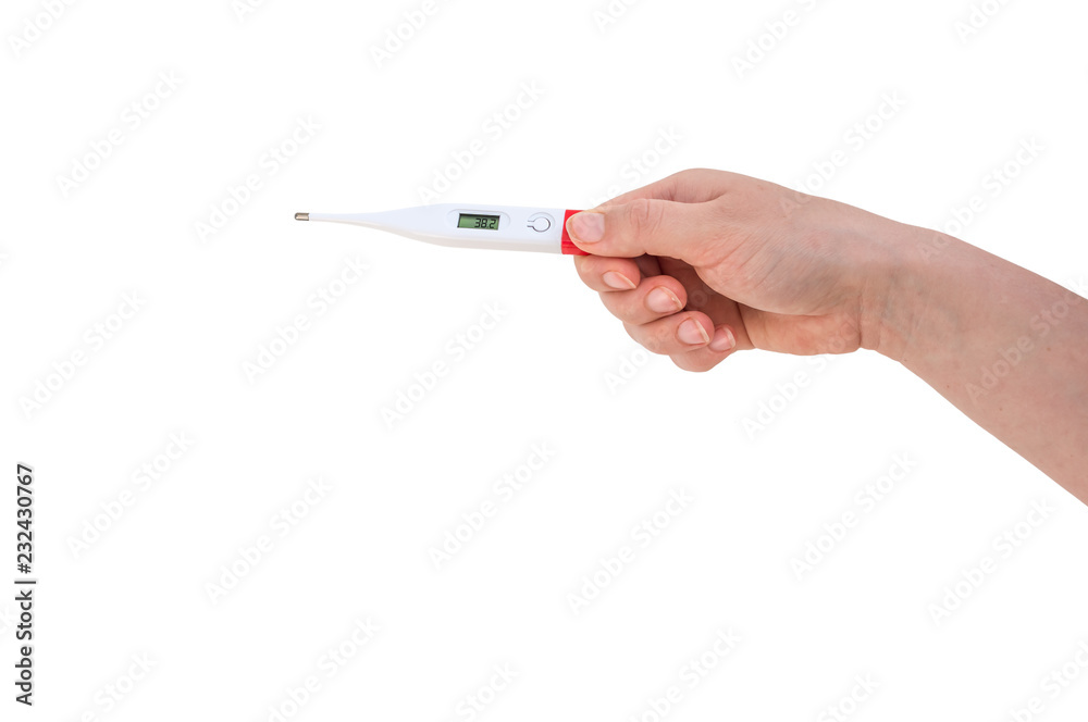 Hand of woman is holding digital thermometer Hand of woman is holding digital thermometer