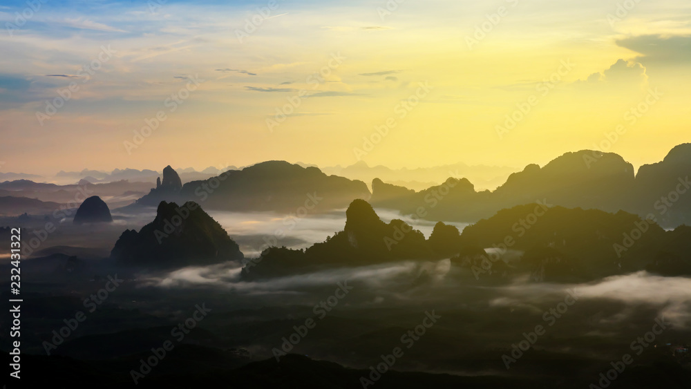 Mountain fog in the forest landscape.