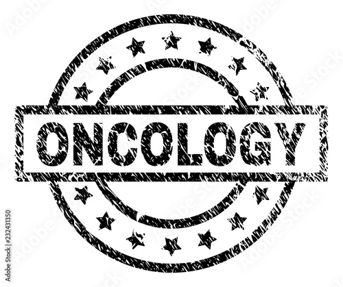 ONCOLOGY stamp seal watermark with distress style. Designed with rectangle, circles and stars. Black vector rubber print of ONCOLOGY label with unclean texture.