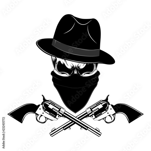 Gangster skull with revolvers in a hat and a bandana.