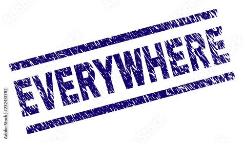 EVERYWHERE seal print with distress style. Blue vector rubber print of EVERYWHERE text with retro texture. Text tag is placed between parallel lines.