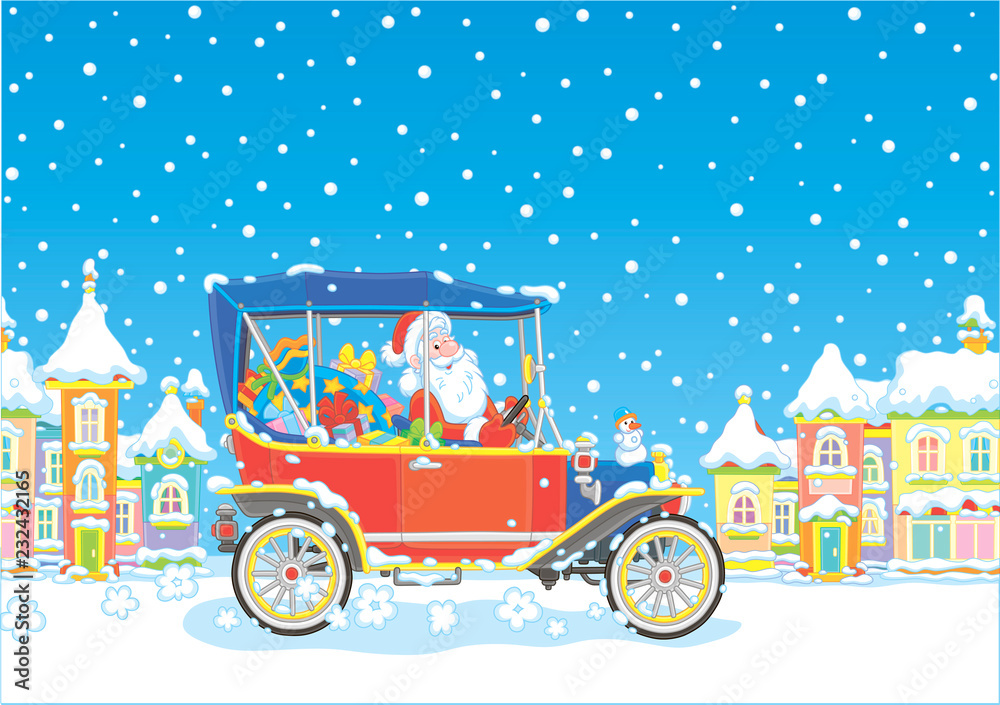 Santa Claus driving his car with Christmas gifts along a snow-covered town  street, vector illustration in a cartoon style Stock Vector