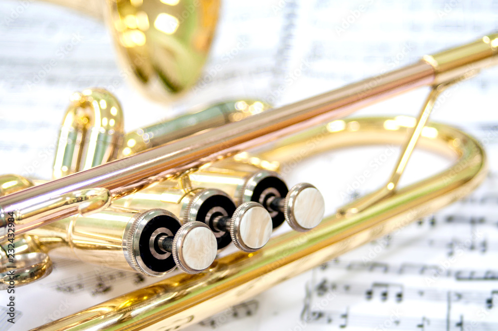 Obraz premium Still life. Two golden trumpets lie on notes. Brass duet. Jazz band.