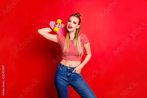 Portrait of nice cute cocky adorable charming attractive girl wi