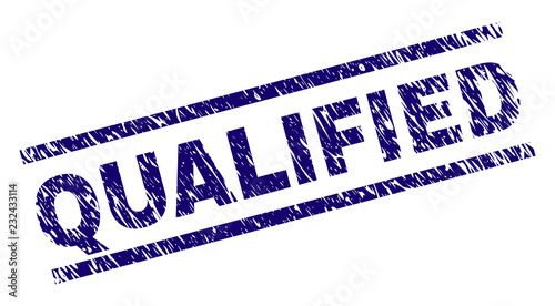 QUALIFIED seal stamp with distress style. Blue vector rubber print of QUALIFIED caption with dirty texture. Text caption is placed between parallel lines.