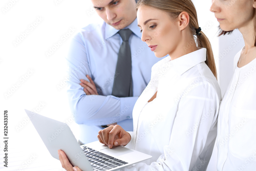 Group of business people using laptop computer while standing in office. Meeting and teamwork concept