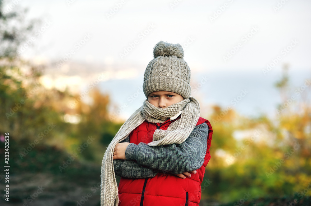 portrait of a teenage boy on a cold autumn day . child in warm knitted hat and scarf