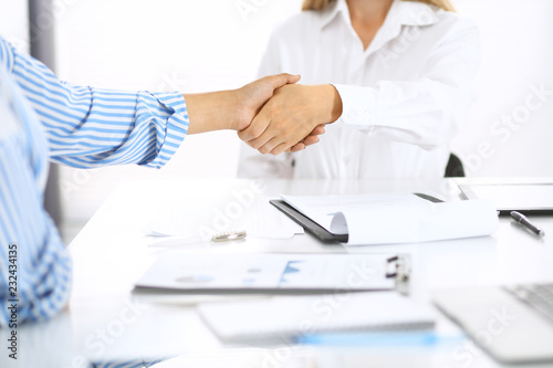 Fototapeta Naklejka Na Ścianę i Meble -  Business handshake at meeting or negotiation in office. Partners shaking hands while satisfied because signing contract or financial papers. Best client service, casual style. Success concept