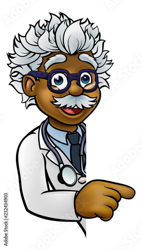 A cartoon scientist professor wearing lab white coat peeking around sign and pointing at it