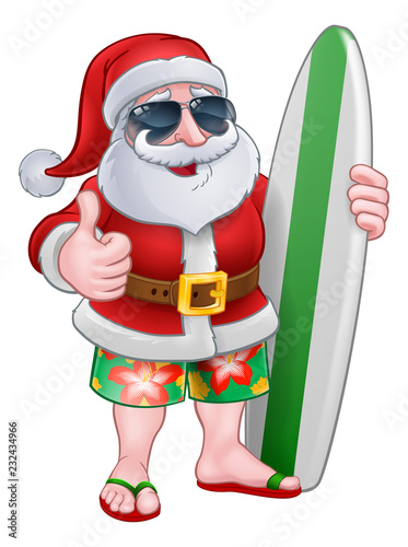 Cool Santa Claus in shorts and flip flops wearing shades or sunglasses and holding his surfboard, Christmas cartoon.