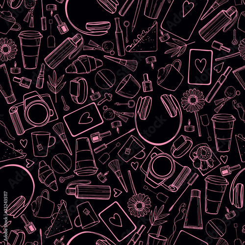 Girl's daily life. Vector seamless pattern