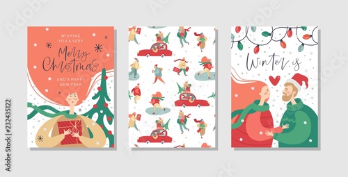 Merry Christmas and happy New year greeting cards with people.