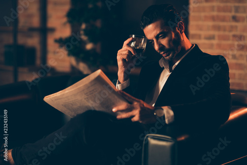 Photos Profile side view gentleman in classic chic tux and modern jacke