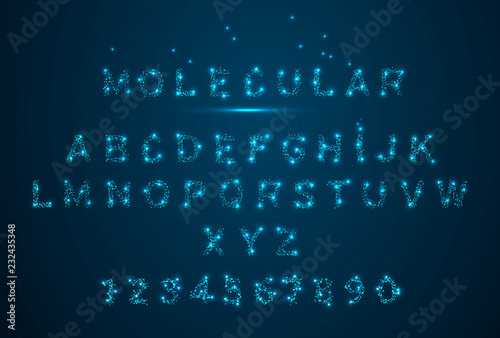 Molecules Alfabet 3d concept of neurons and nervous system neon. Low poly wireframe illustration style. Vector polygonal image in the form of a starry sky or space, consisting of points, lines, shapes