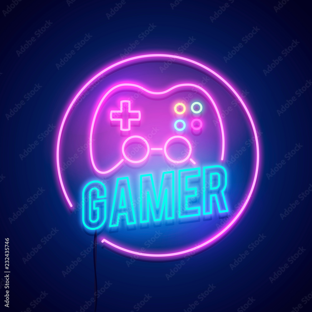 Vector illustration big glowing gamer neon lamp wall sign. Game banner ...