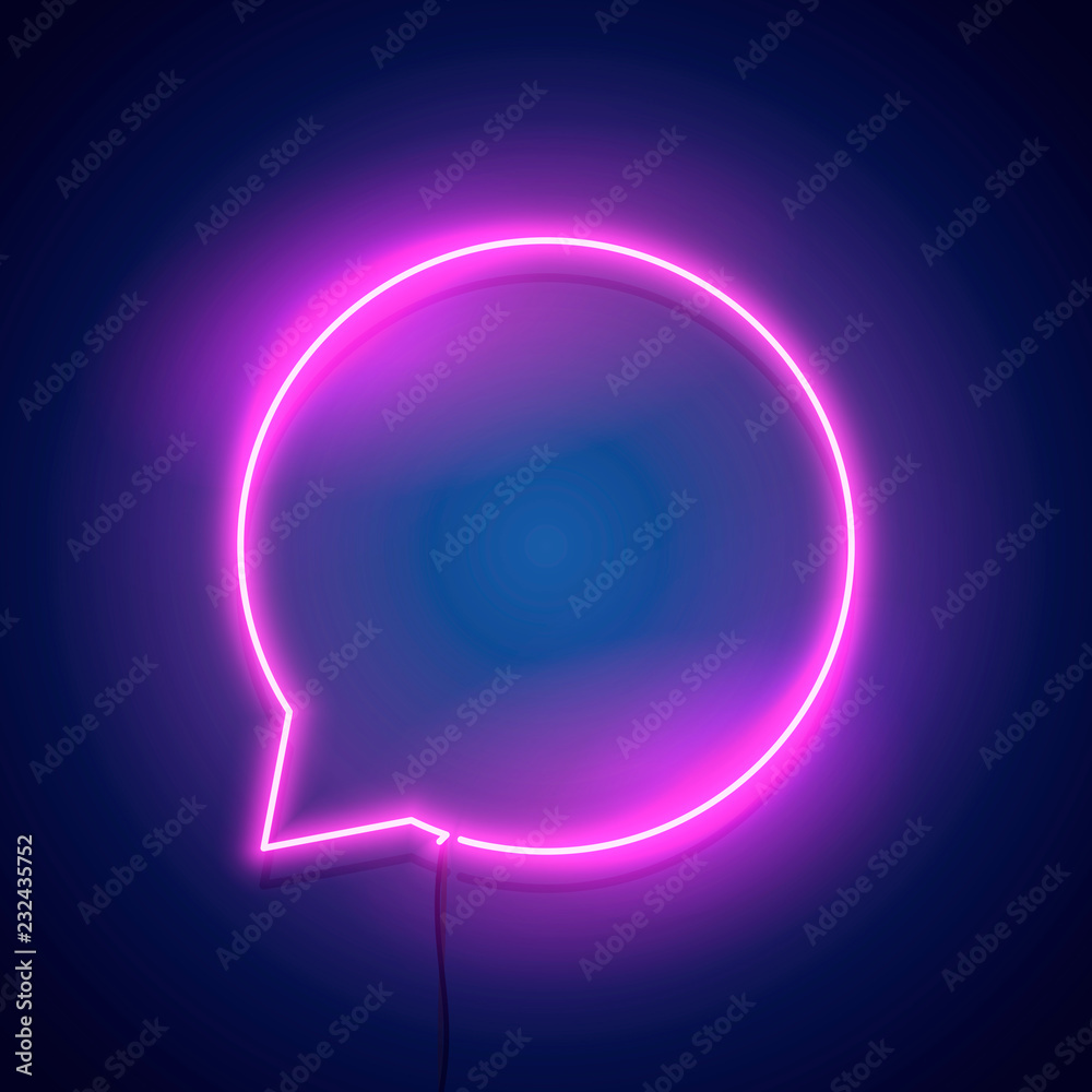 Obraz premium Vector illustration speech bubble neon lamp wall sign isolated on background. pink power glowing message circle bulb banner.