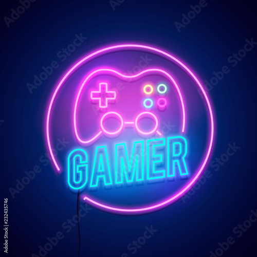 Obraz na plátně Vector illustration big glowing gamer neon lamp wall sign